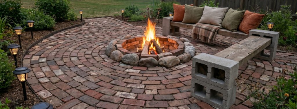 budget fire pit seating using concrete blocks and wood plank