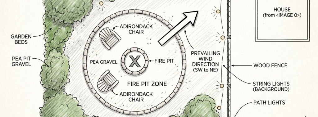 fire pit layout planning with safe distance and wind direction