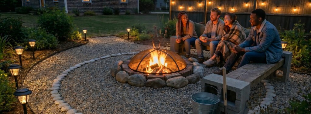 people enjoying backyard fire pit at night