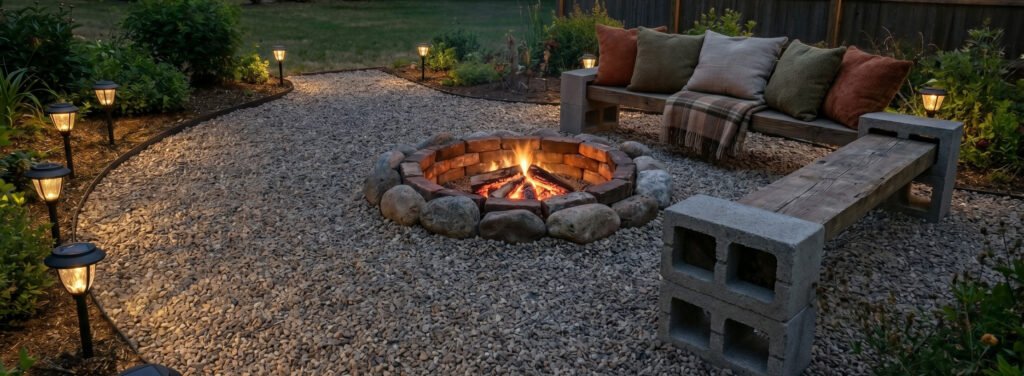 solar lighting around backyard fire pit for ambiance