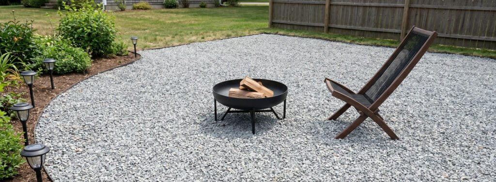 portable fire bowl on gravel patio low cost setup